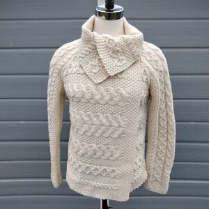 Aran Mor Ireland Cable Knit Ivory Cardigan Sweater S 100% Merino Wool Fisherman
